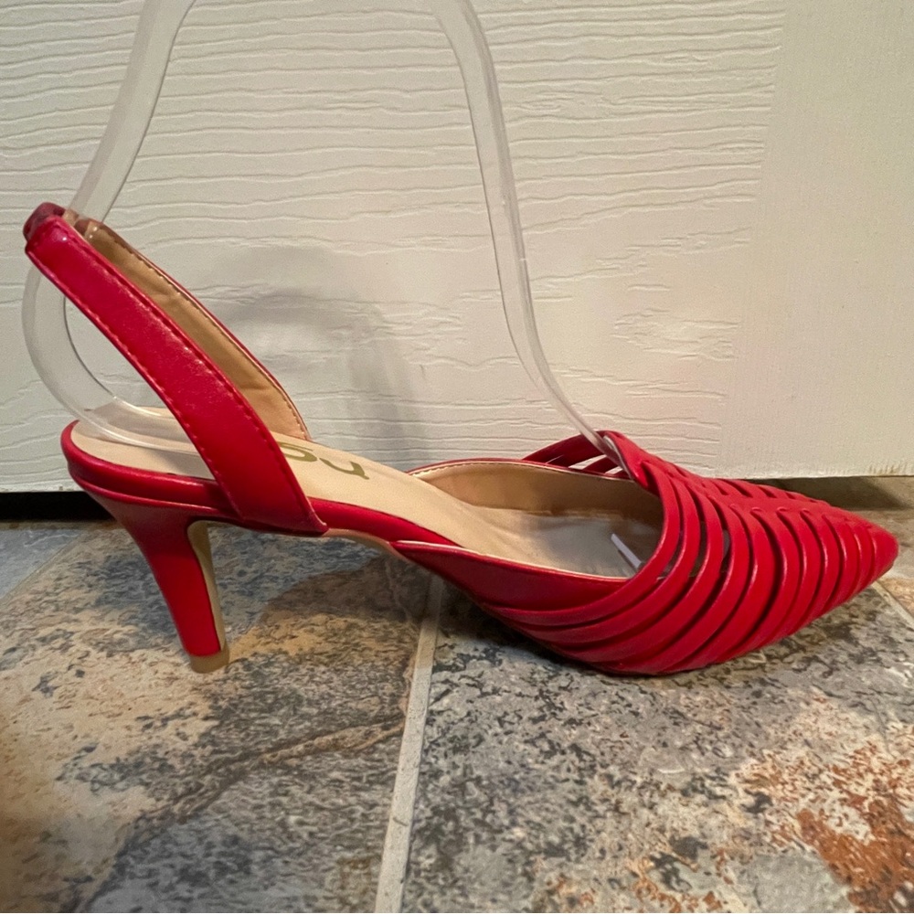 👠NWOB!! FSJ Caged Pointed Toe Sling Back Vibrant Red Patent Pumps! - Picture 8 of 11